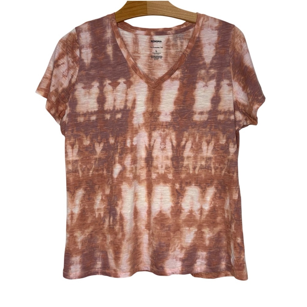 Women's Large Sonoma Everyday Tee Cotton V-Neck T-Shirt, Tie-Dye Pink